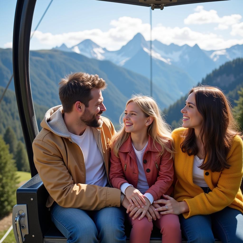 Family enjoying cable car ride with scenic backdrop