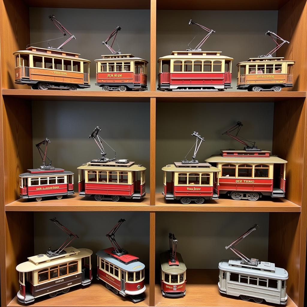 A collection of cable car models on display