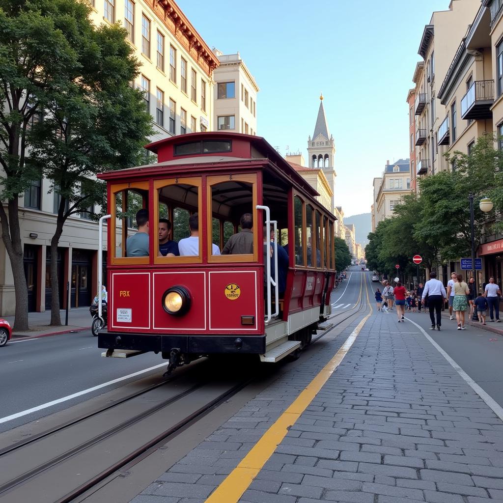 San Francisco cable car climbing a steep hill