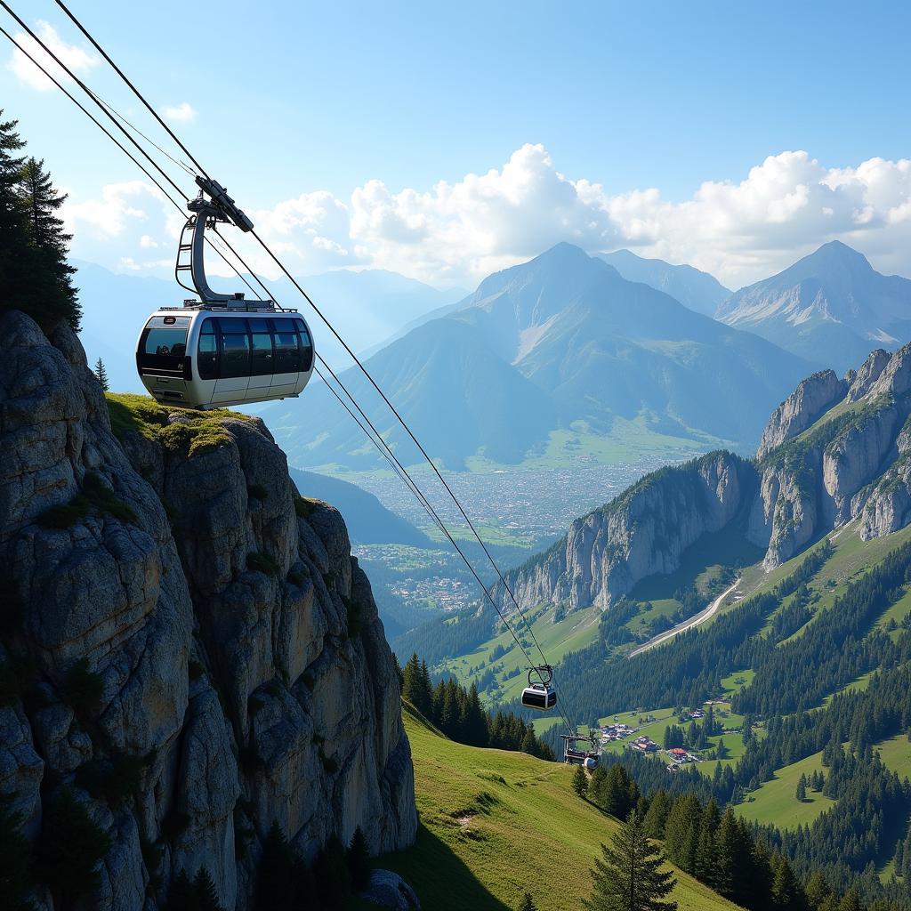 Cable car ascending with panoramic scenic view