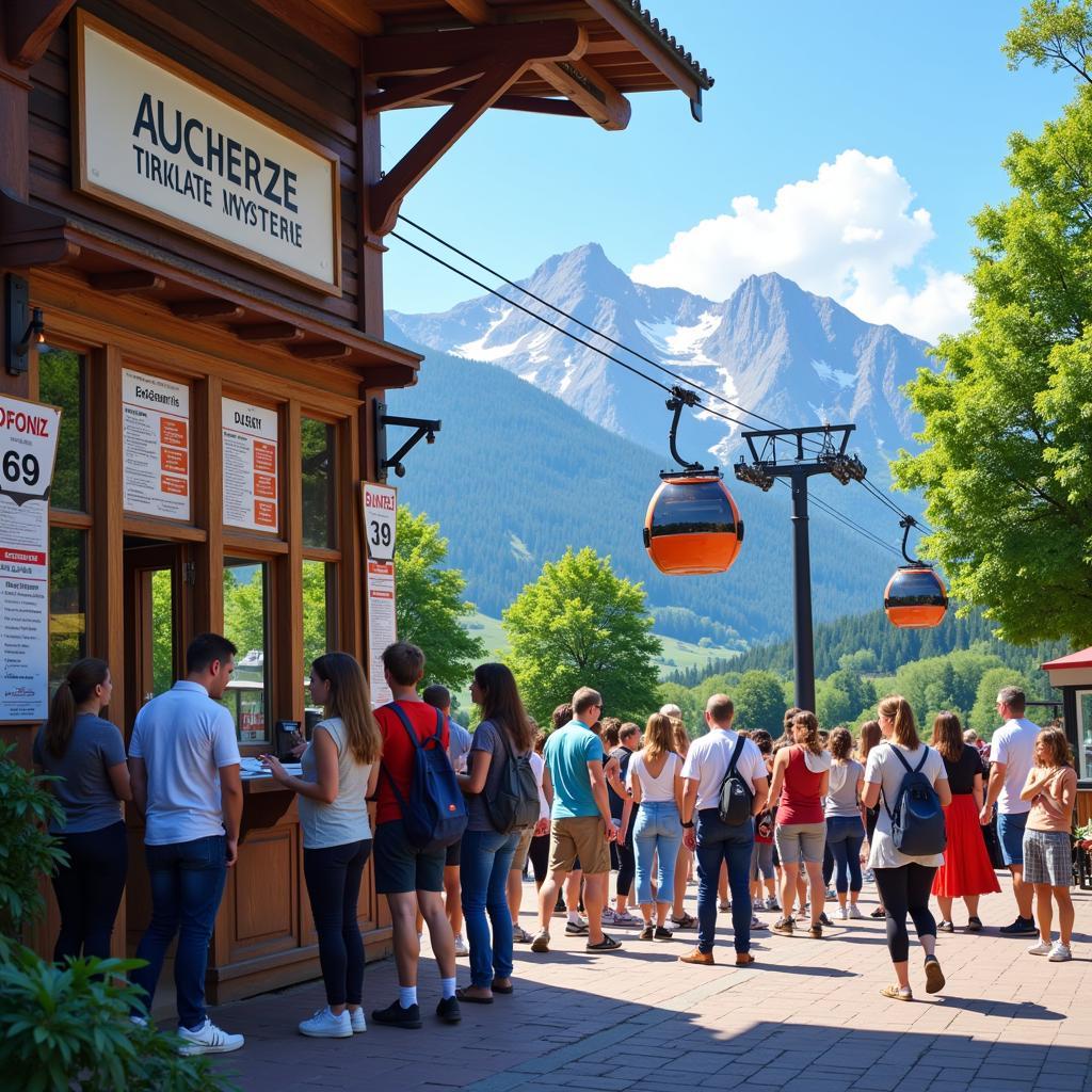 Cable car ticket booth with tourists queuing