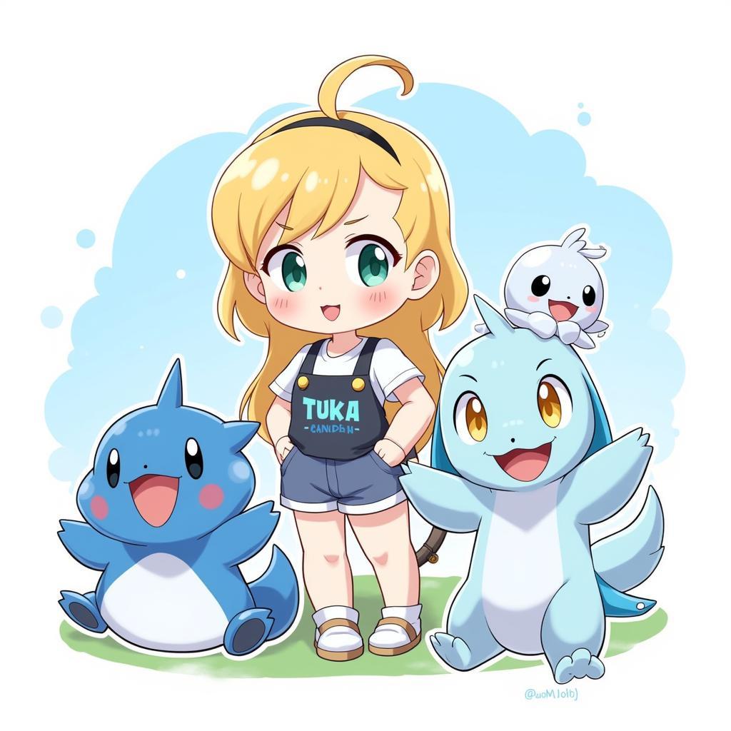 Candice in a cute chibi style with her Pokemon