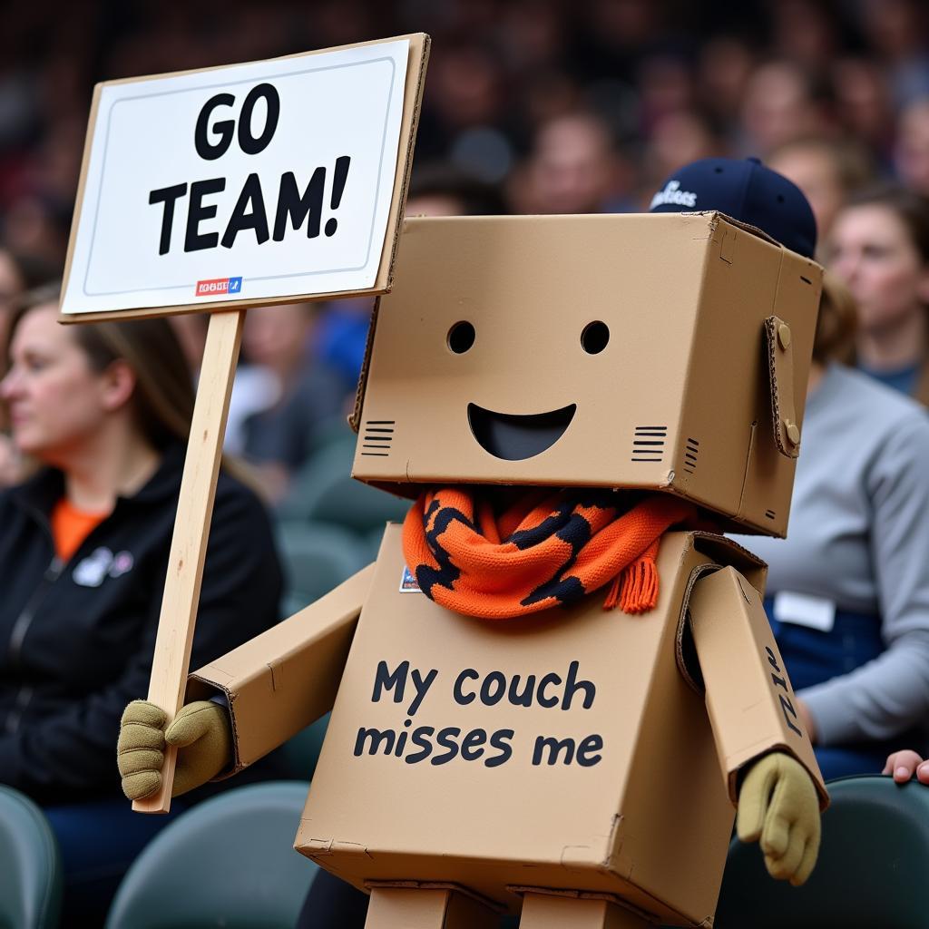 Close-up of a cardboard fan with a humorous sign