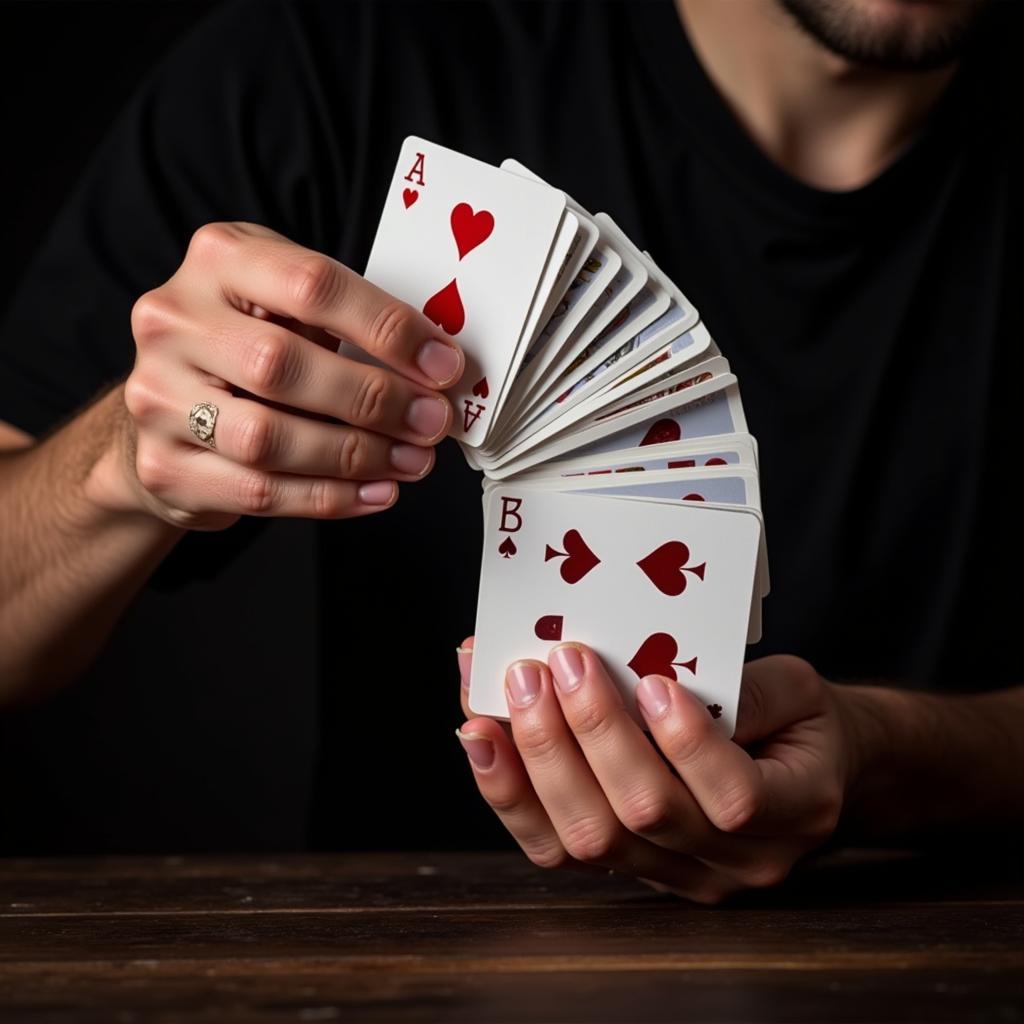 Cardist demonstrating various fanning techniques with a specialized deck