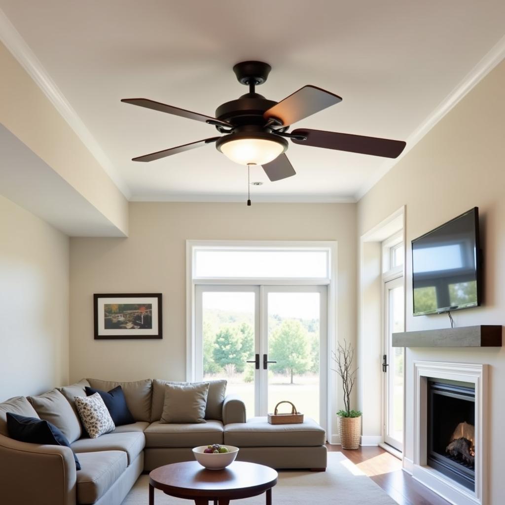 A modern ceiling fan with a downrod installed on a vaulted ceiling in a Hot Springs home