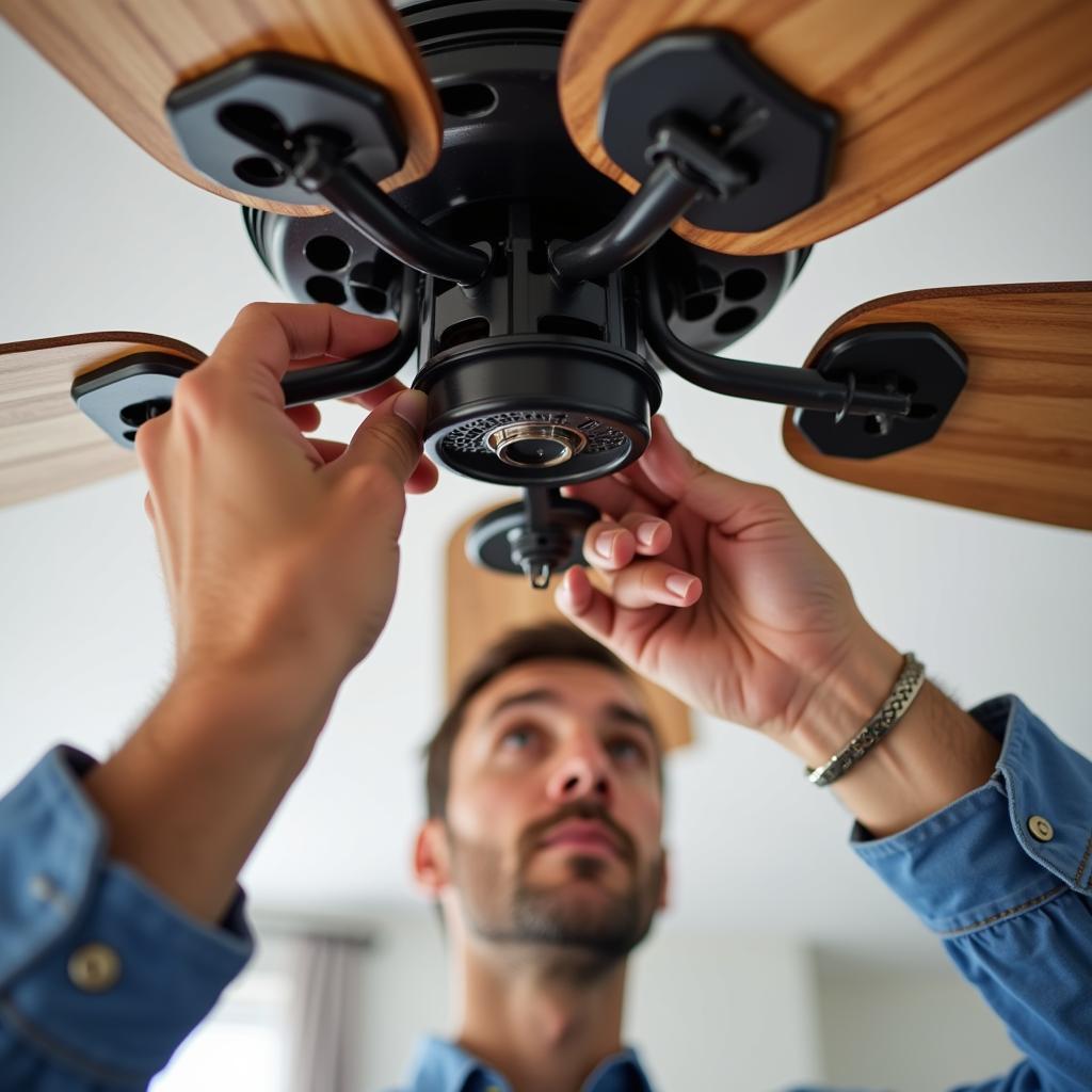 Electrician Inspecting Ceiling Fan Wiring