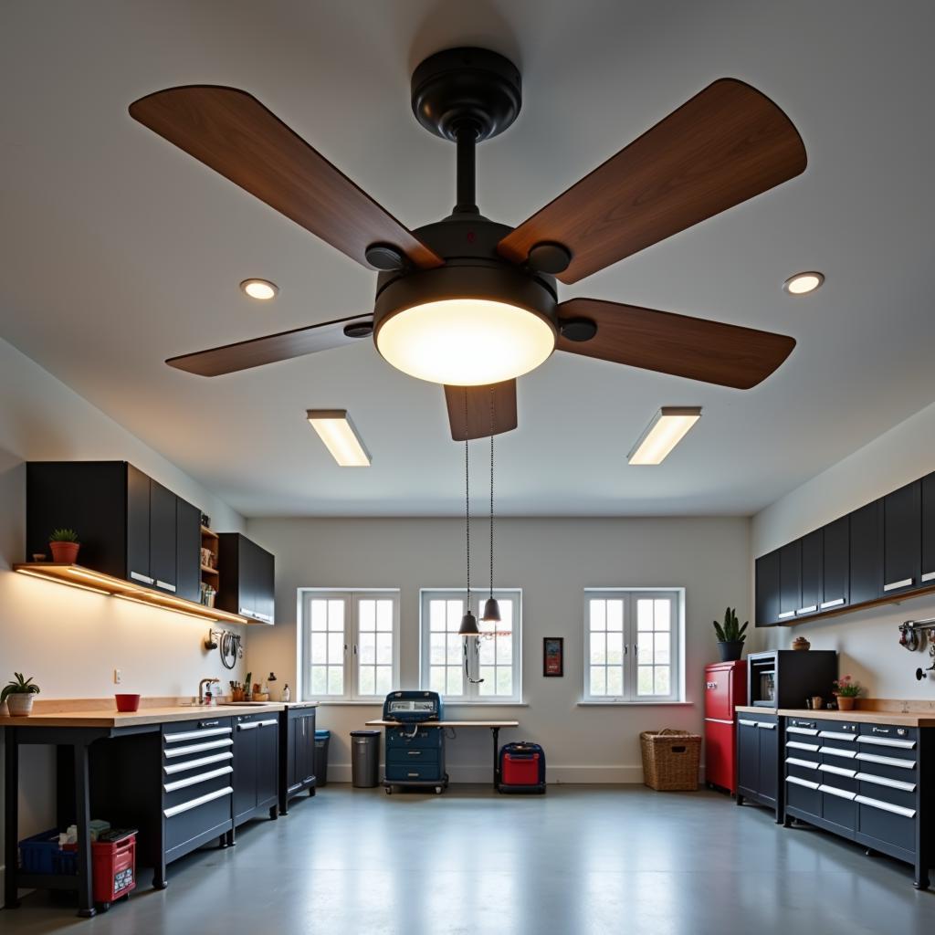 A sleek ceiling fan circulating air in a well-lit and organized garage space.