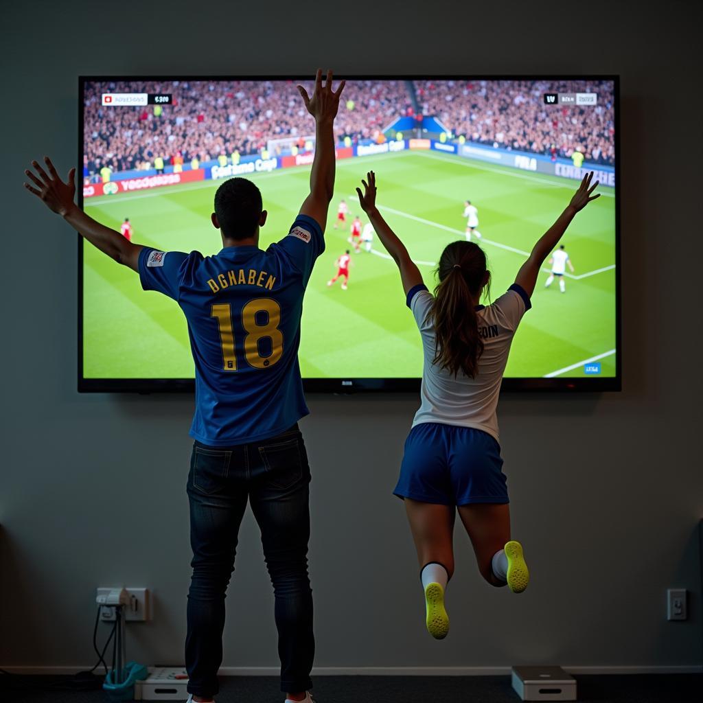 Couple celebrating a goal together, despite supporting different teams