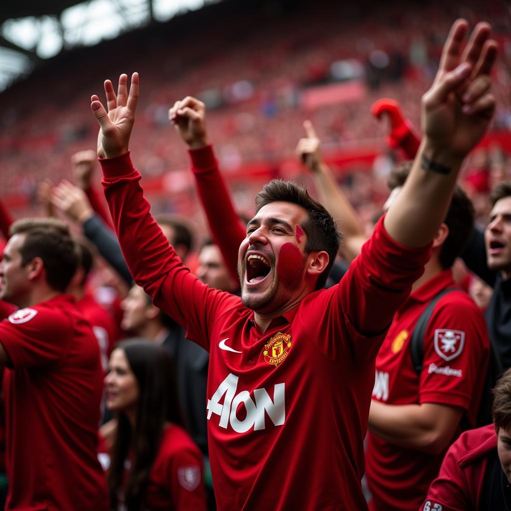 Manchester United fans celebrate a goal at Old Trafford