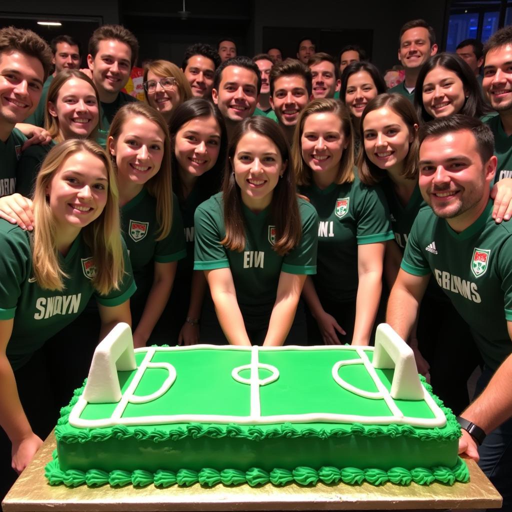 Fans cutting a football-themed cake