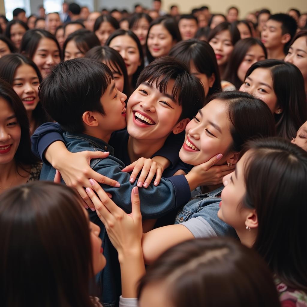 Cha Eun Woo in a group hug with fans