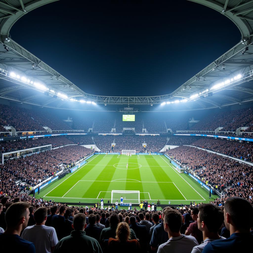 Champions League Showdown in Turin: Juventus and Real Madrid players contest the ball under the floodlights.