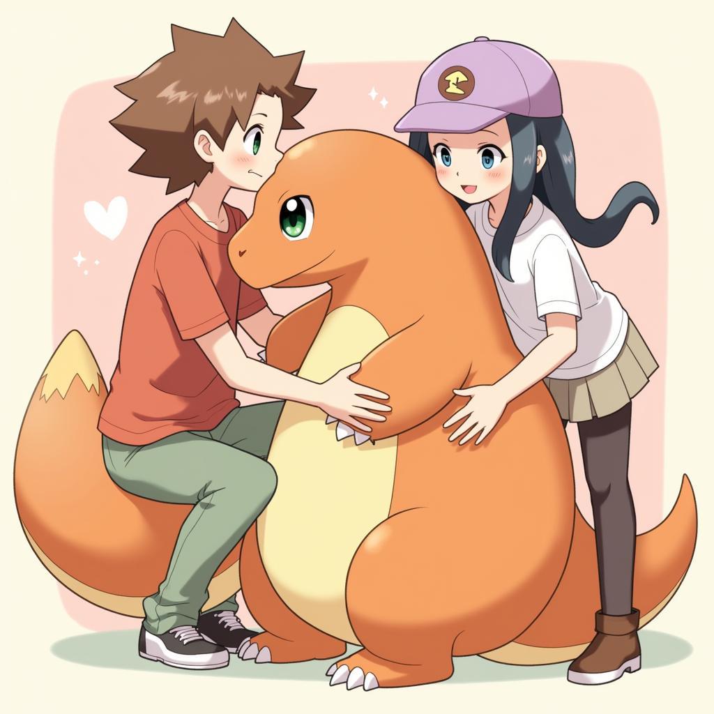 Charmander interacting playfully with a Pokémon trainer