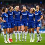 Group of Chelsea fan girls celebrating a goal