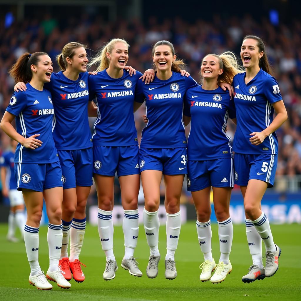 Group of Chelsea fan girls celebrating a goal