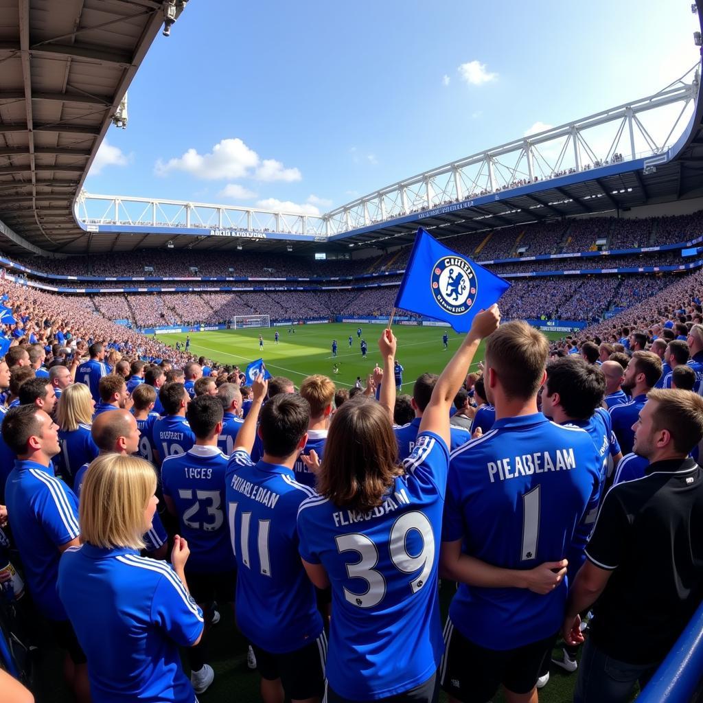 Chelsea fans celebrating at Stamford Bridge