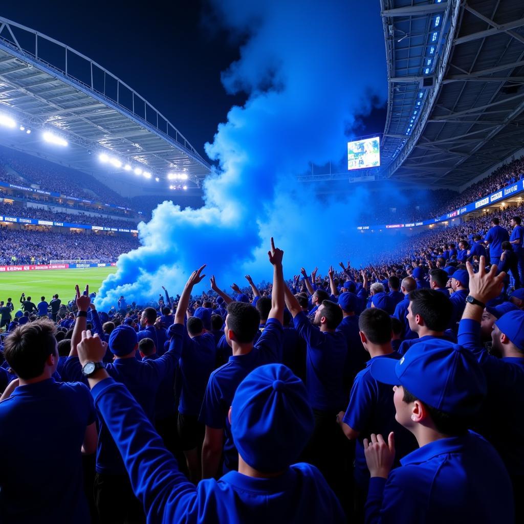 Chelsea fans at Stamford Bridge cheering for their team