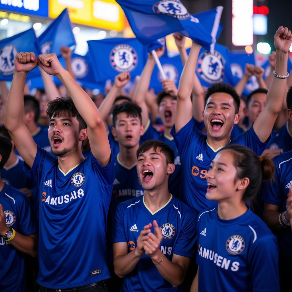 Chelsea fans in Vietnam celebrating a victory