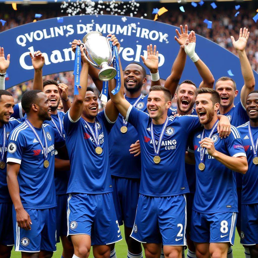 Chelsea players celebrating with trophy