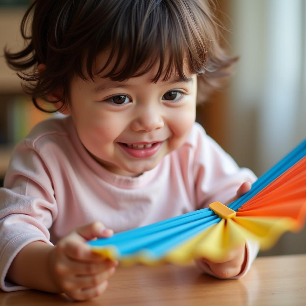 A child smiling while playing with a folding fan toy