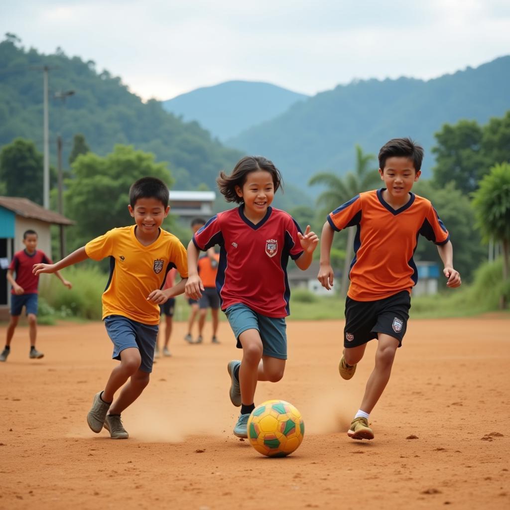 Children playing football in a rural village in Vietnam