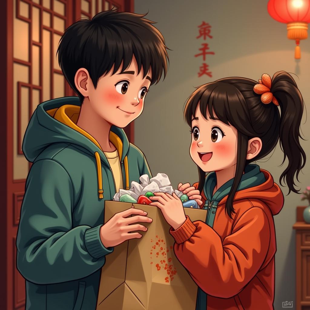 Chinese fan spoiling his younger sister with gifts