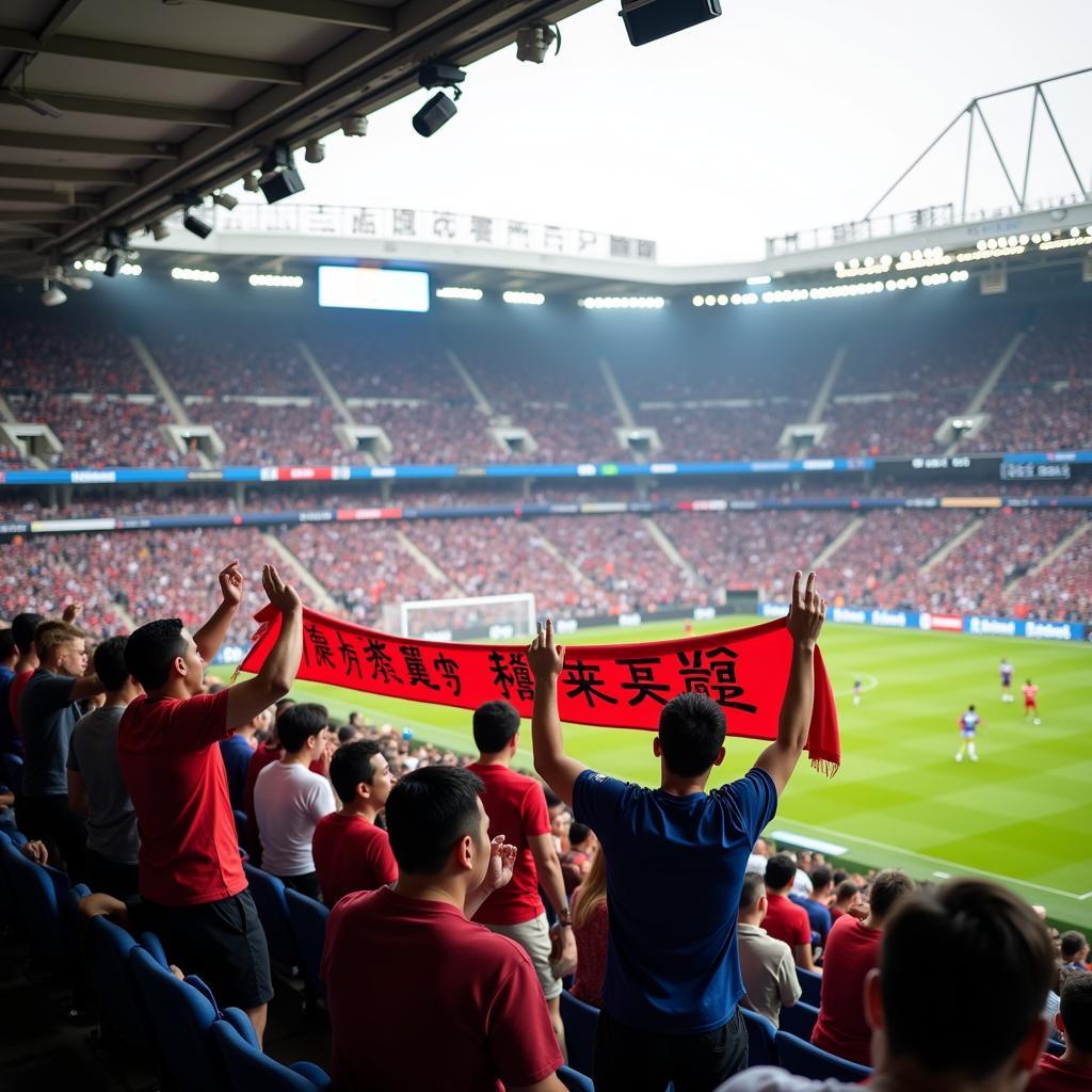 Chinese fans cheering at Santiago Bernabeu Stadium