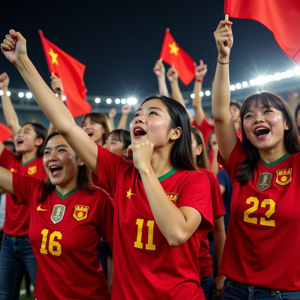 Chinese female fans enthusiastically cheering for Vietnam U23 football team during a match.