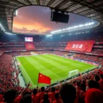 Chinese football fans cheering enthusiastically in a stadium