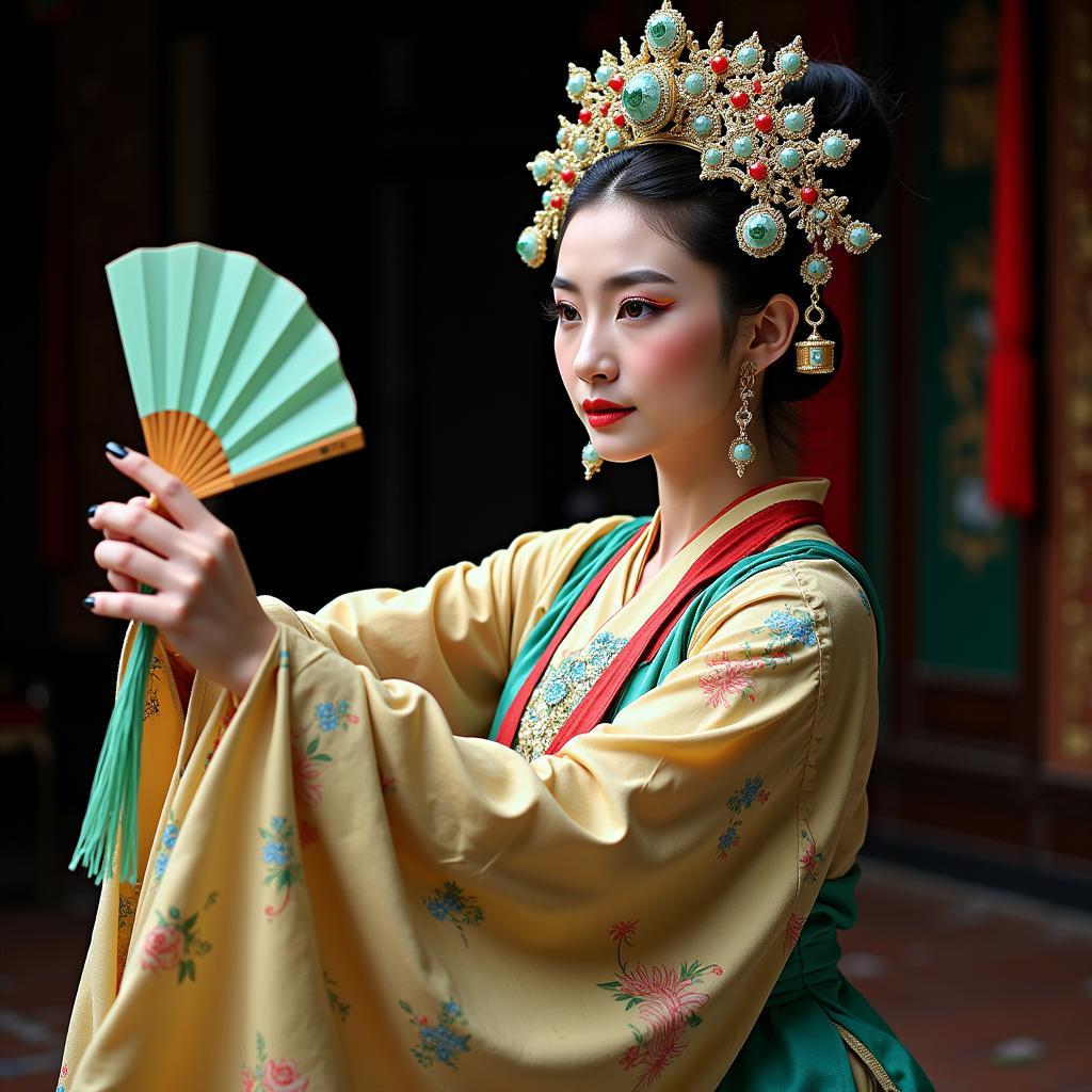 Chinese opera performer with a jade fan