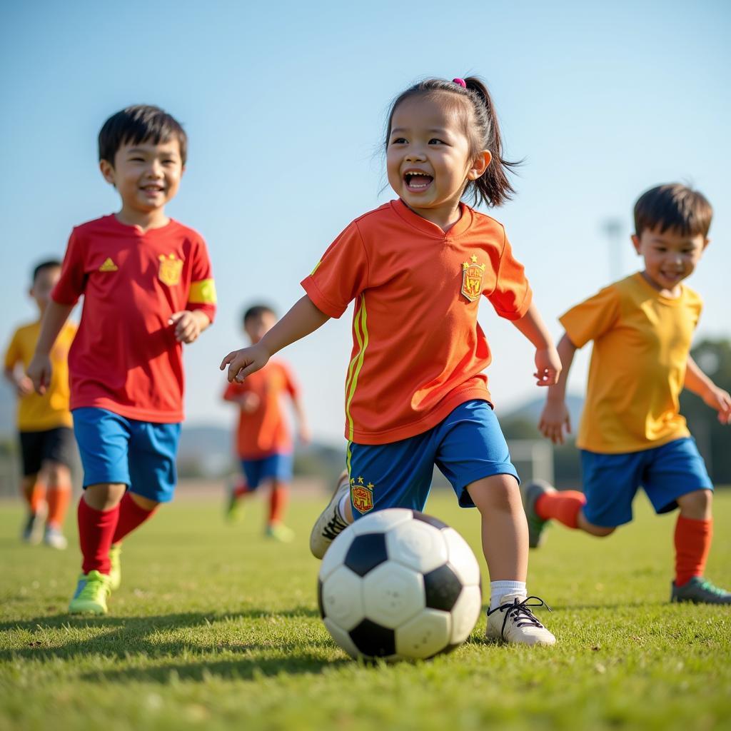 Chinese Toddlers Enjoying a Game of Football