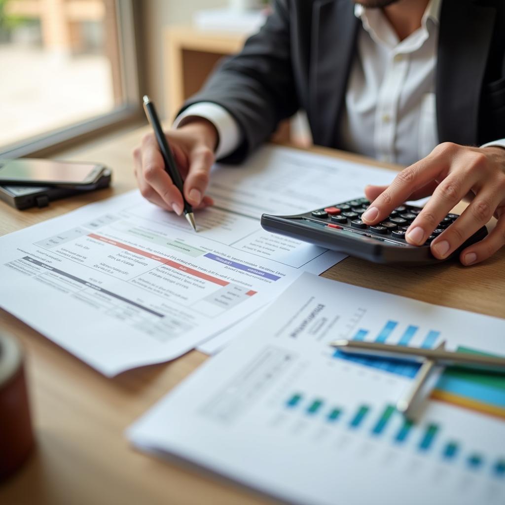 Person reviewing loan documents and using a calculator.