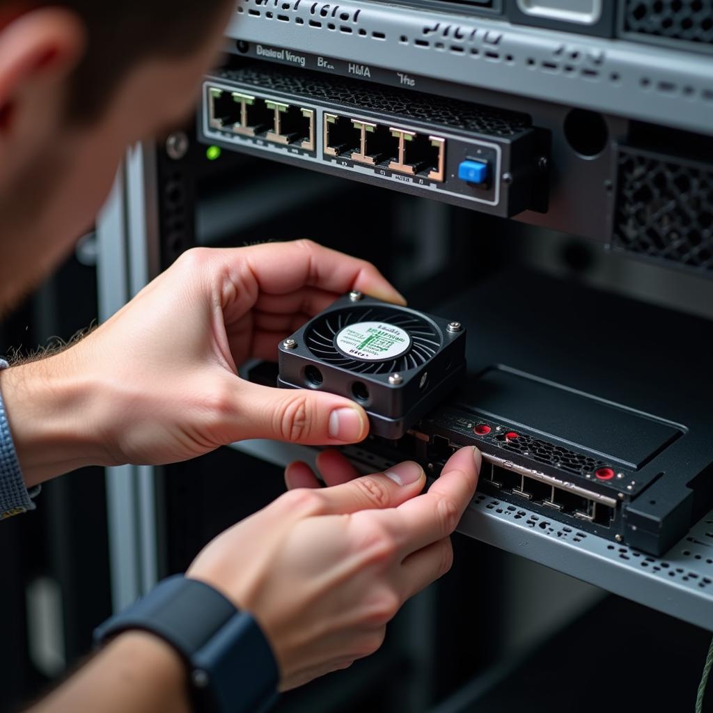 Network engineer replacing a faulty fan module in a Cisco device