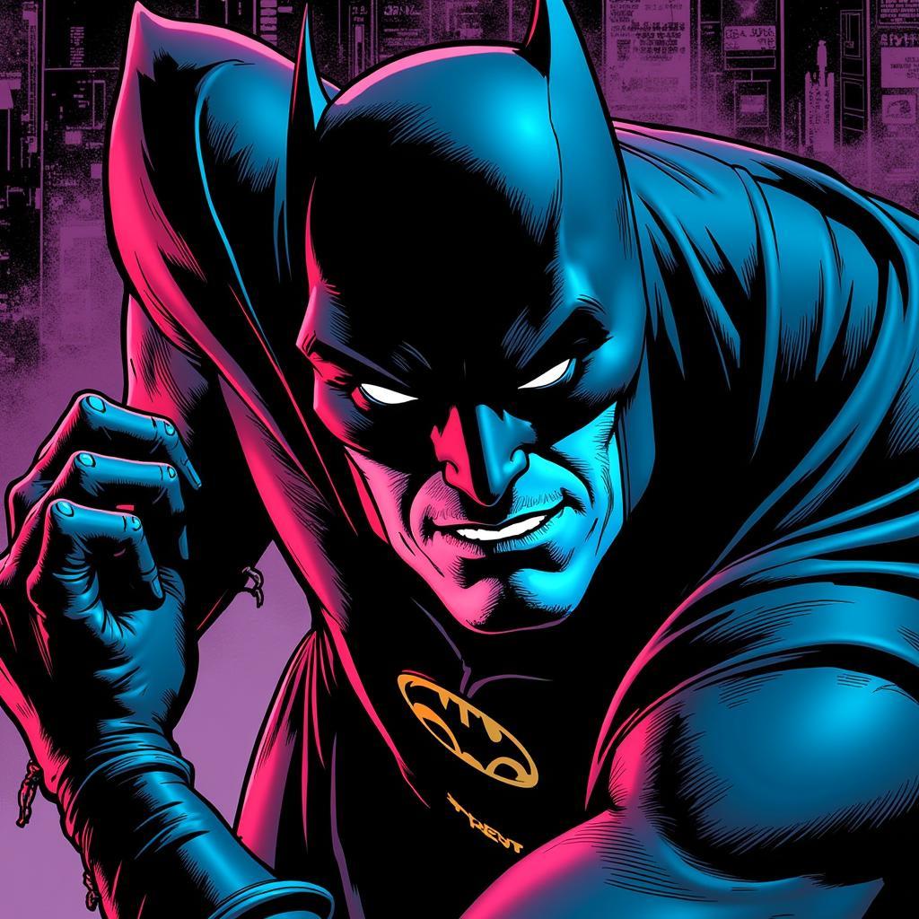 Iconic Batman comic book panel reimagined in neon noir