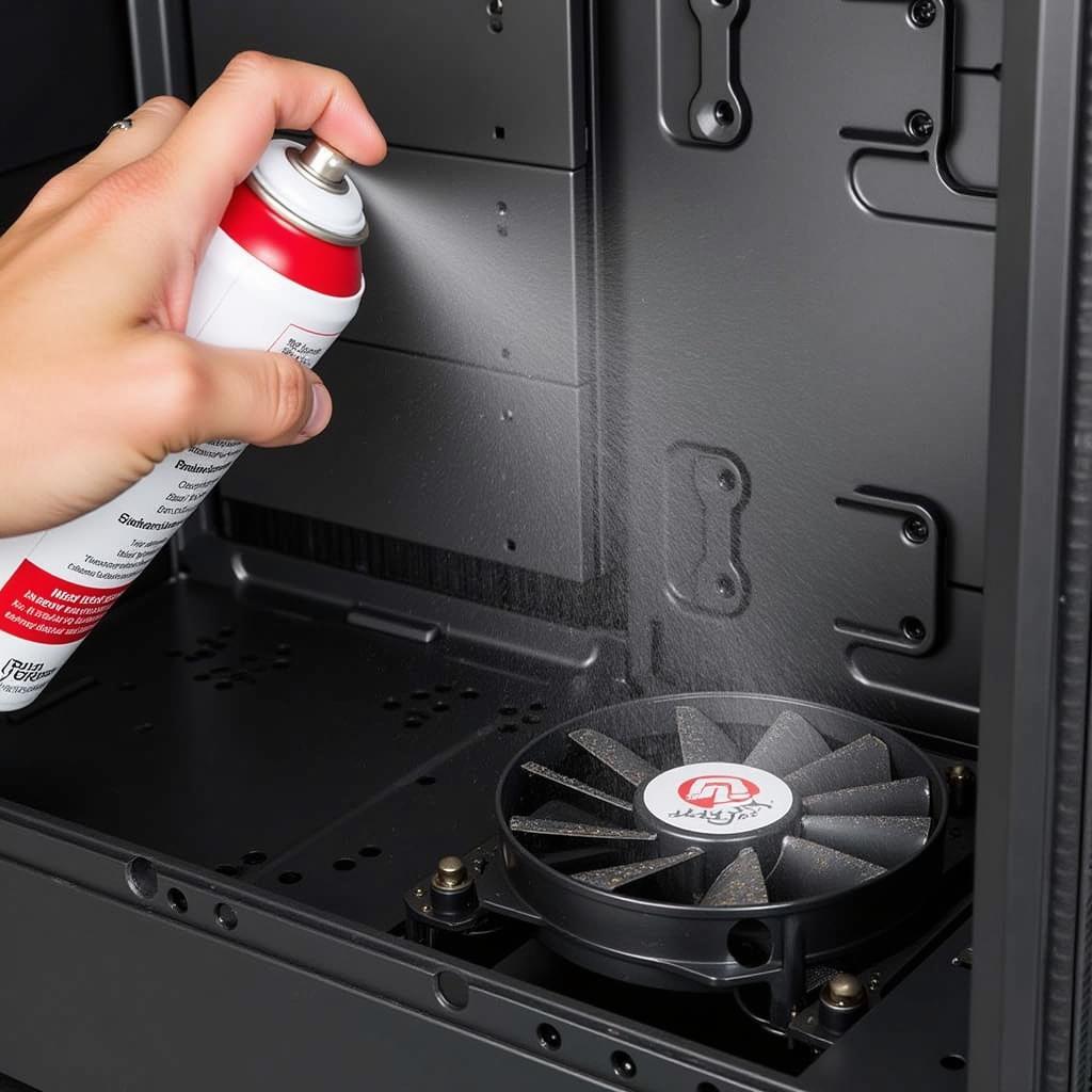 A person using a can of compressed air to clean a CPU fan.