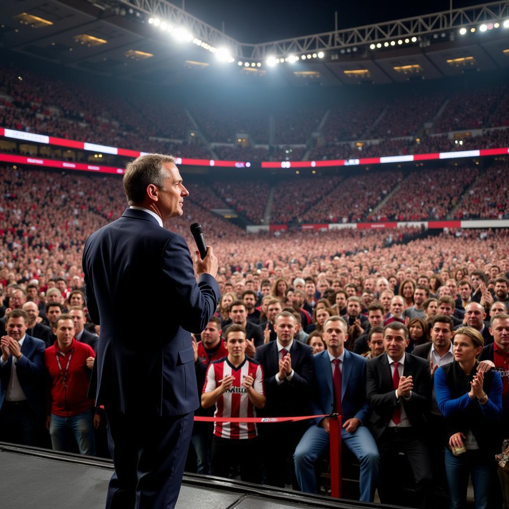 Club CEO addressing fans in a meeting