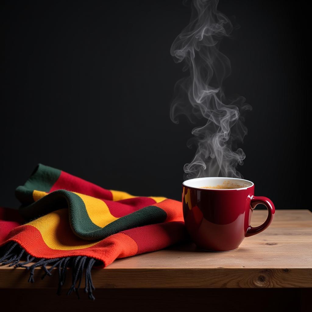 A cup of coffee next to a football scarf