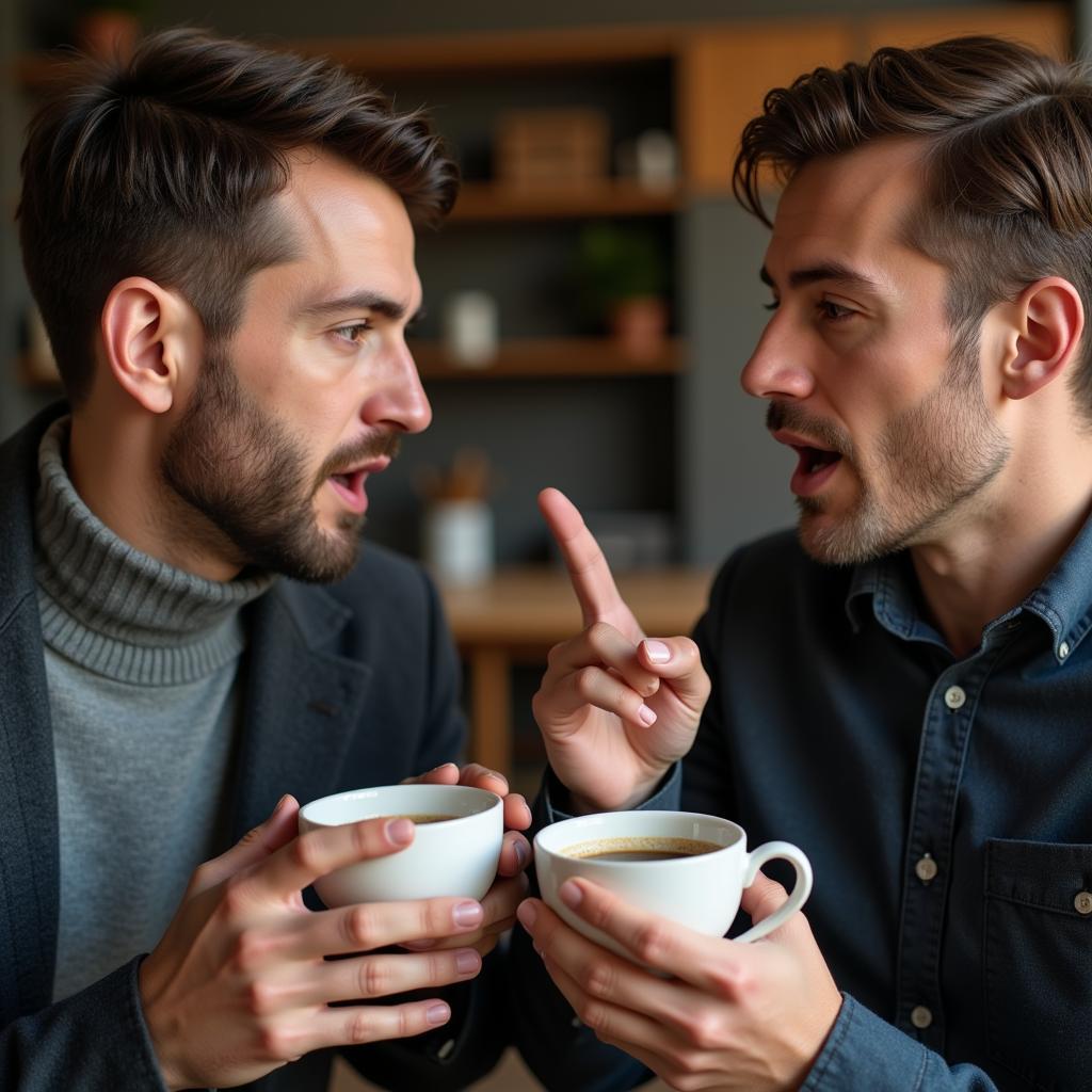 Animated discussion about football over coffee