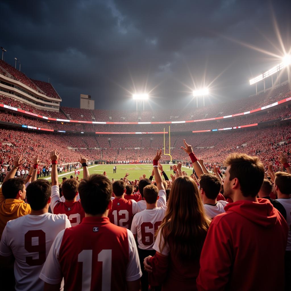 College Football Fans Cheering in a Packed Stadium