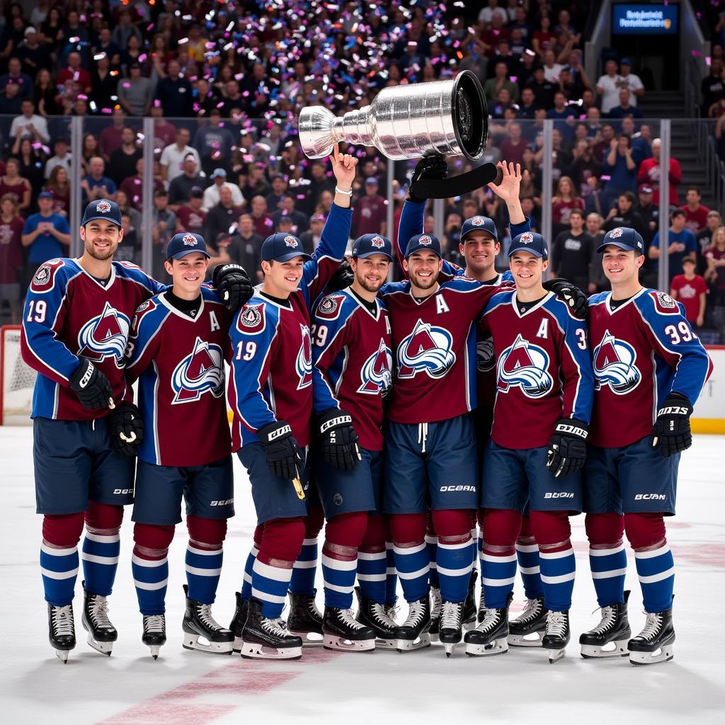 Colorado Avalanche players celebrating with the Stanley Cup