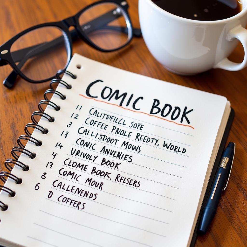  A checklist featuring a curated list of comic books with a cup of coffee and reading glasses on the side 