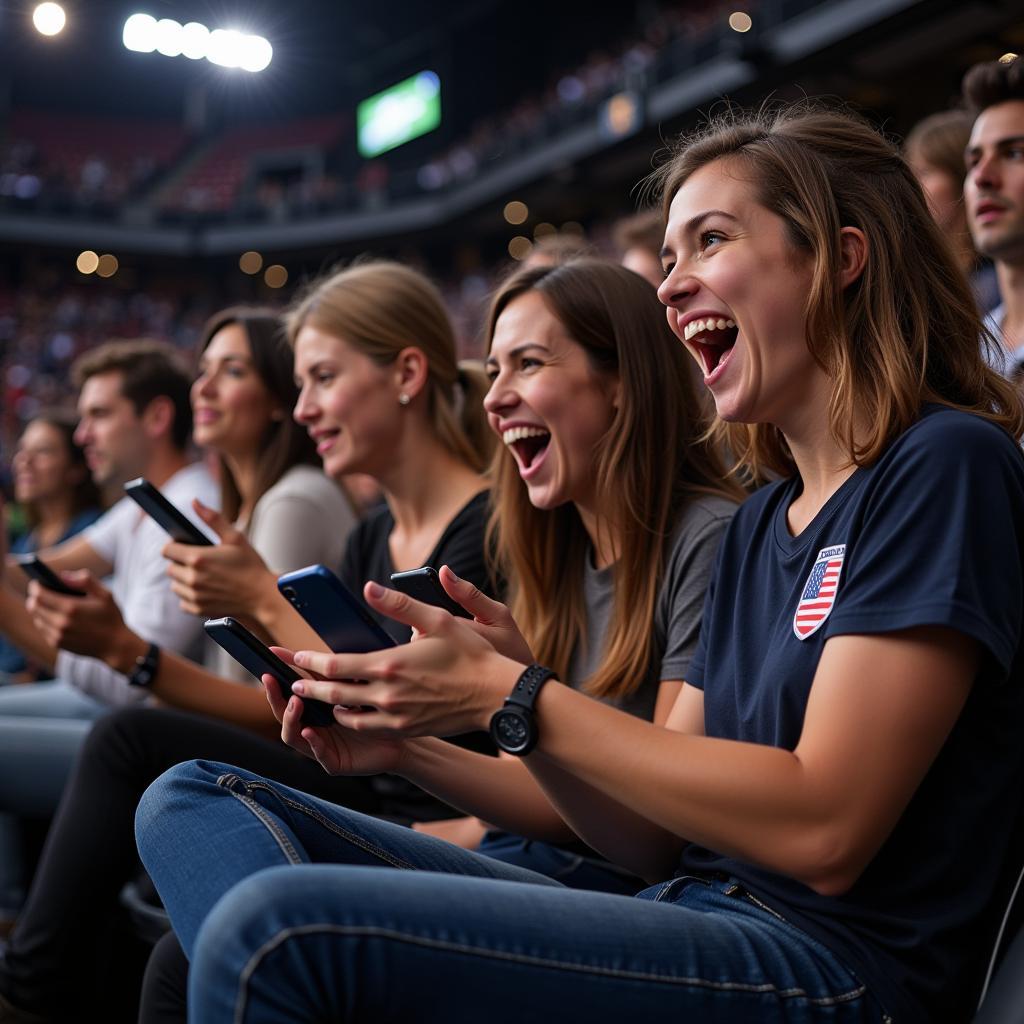 A group of football fans cheering while looking at their phones, suggesting positive engagement with native ads.