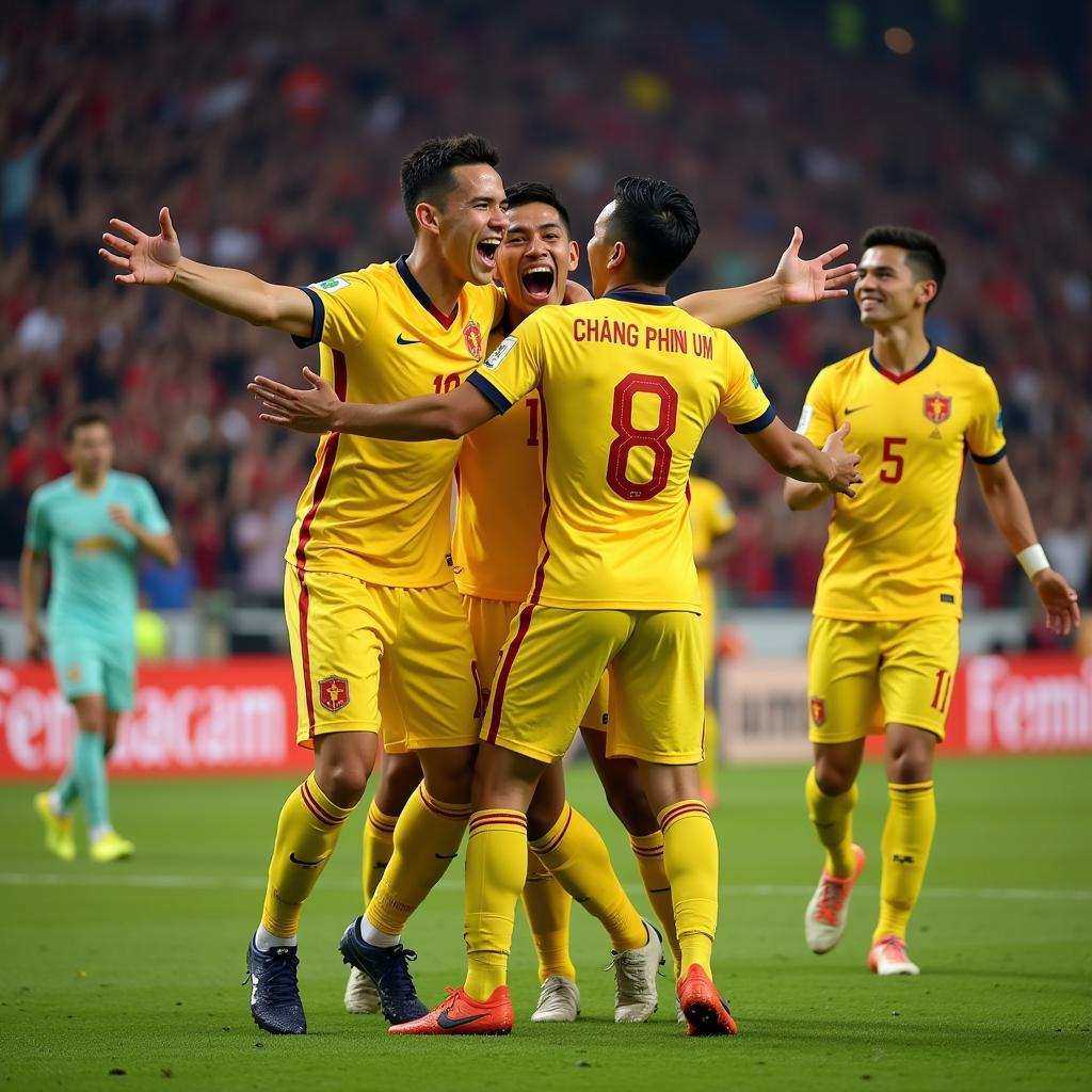 Công Phượng celebrates a goal with teammates