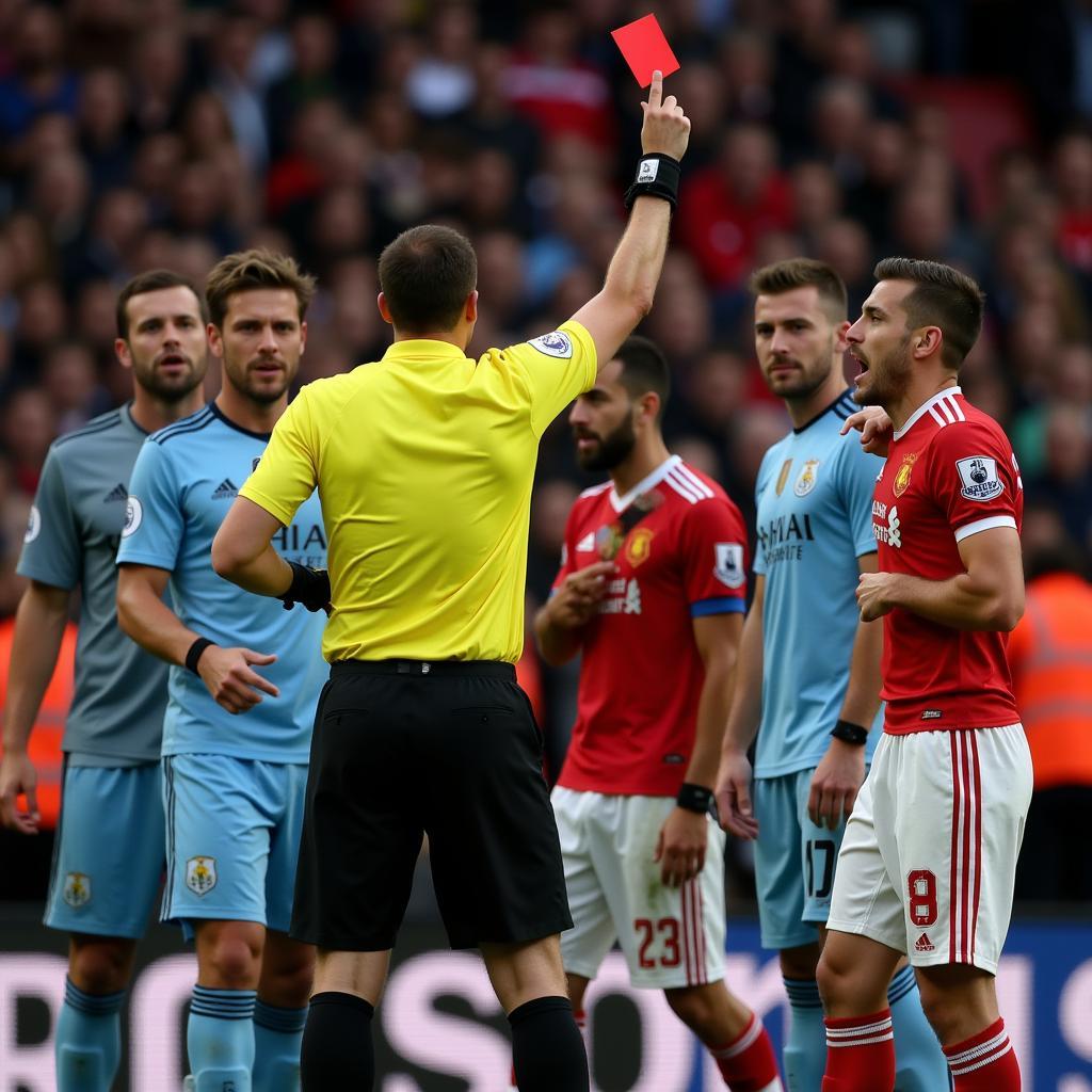 Referee making a controversial call during a football match