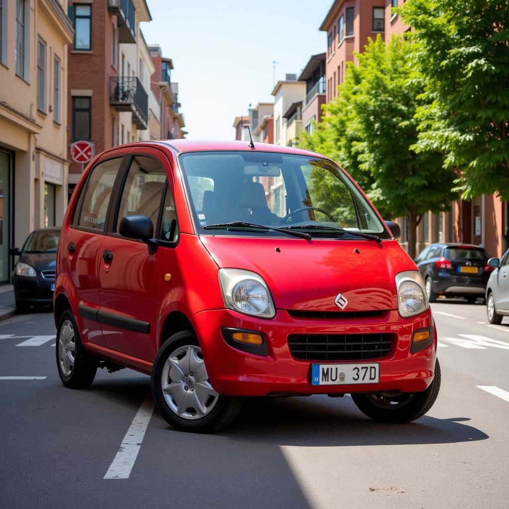 A red Daewoo Matiz parked on a sunny street