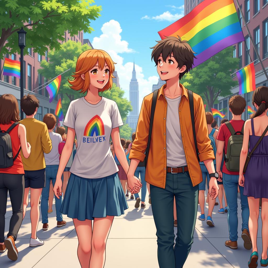 Couple holding hands at a Pride parade