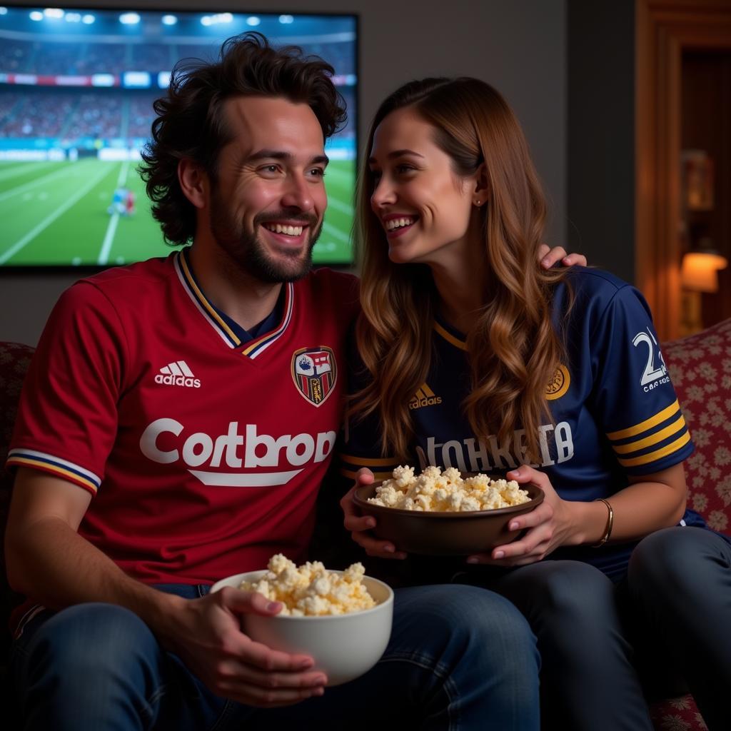 Couple sitting close together, enjoying a football game with popcorn, despite supporting different teams