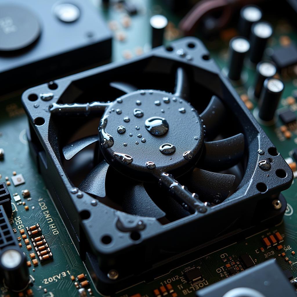 Close-up of a CPU fan with water droplets, illustrating potential damage.