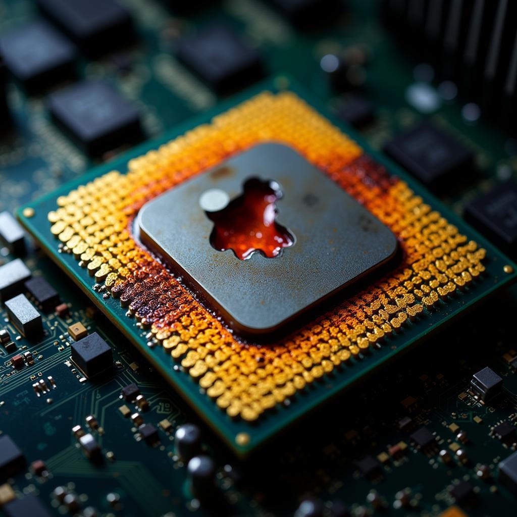 Close-up of a damaged CPU due to overheating