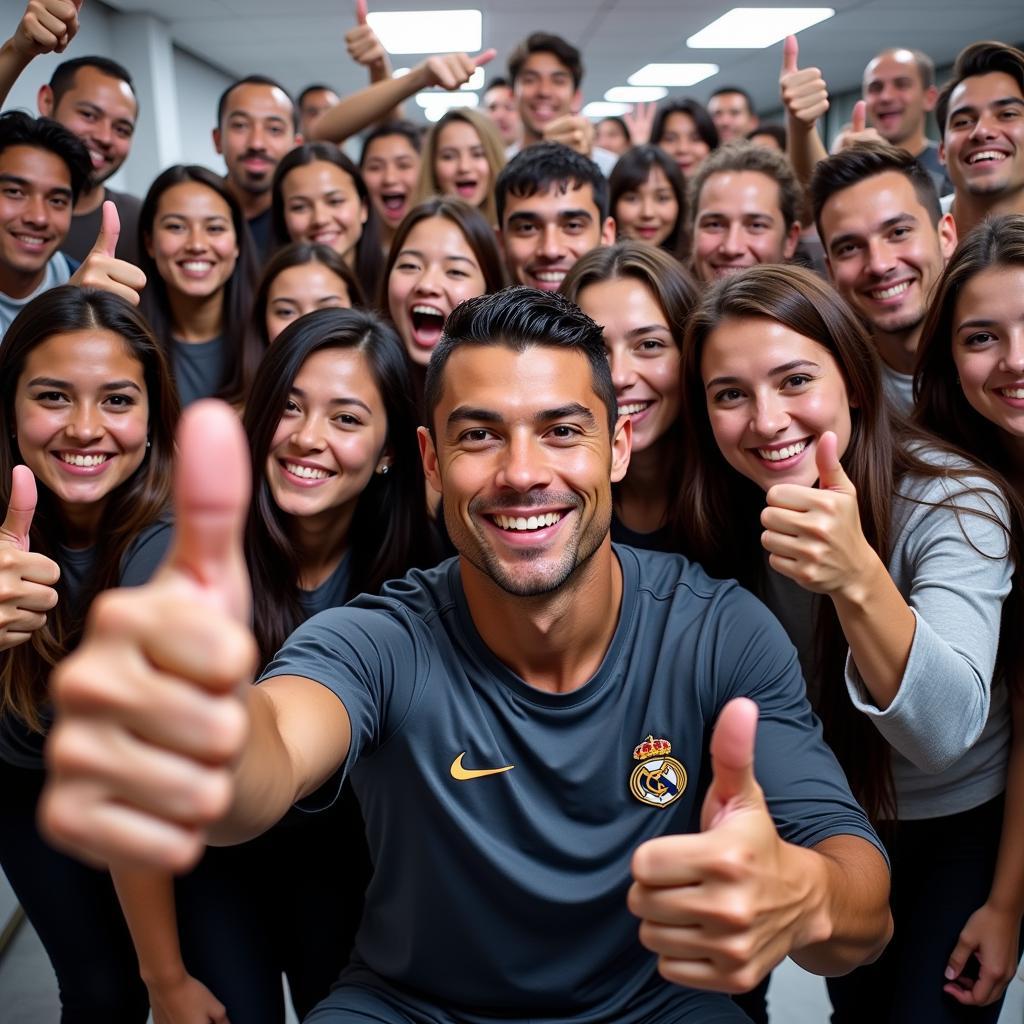 Cristiano Ronaldo posing for a photo with fans, giving a thumbs-up